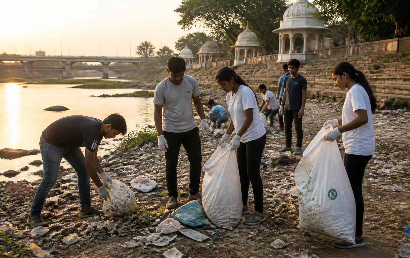 Volunteers of Melli Social Foundation collecting waste along a riverbank at sunrise